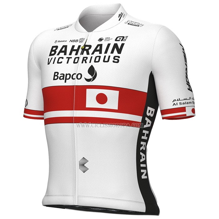 2023 Ropa Ciclismo Japanese Campeon Bahrain Victorious Blanco Rojo Mangas Cortas y Culotte Corto